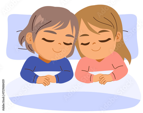 cartoon illustration showing two siblings sleeping together peacefully on a bed. Clip art of family, love, care and childhood tenderness