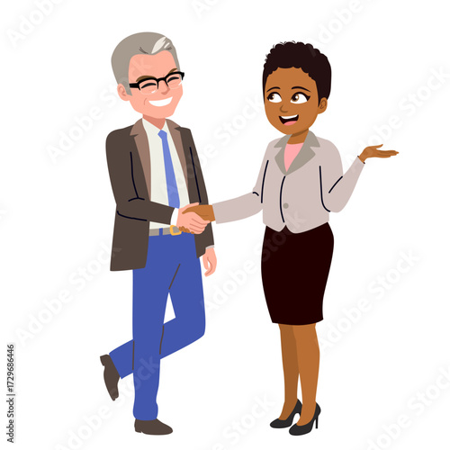 Cartoon illustration showing a business Latina woman shaking hands with a senior business man. Cooperation, agreement and professional partnership isolated on white background