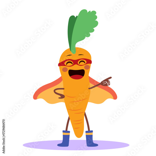 Vector cartoon illustration of a superhero carrot character making a pointing gesture. Clip art for diet, children’s food, agriculture, and wellness concepts