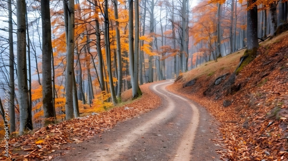 Obraz premium Winding dirt road through autumn forest with colorful leaves