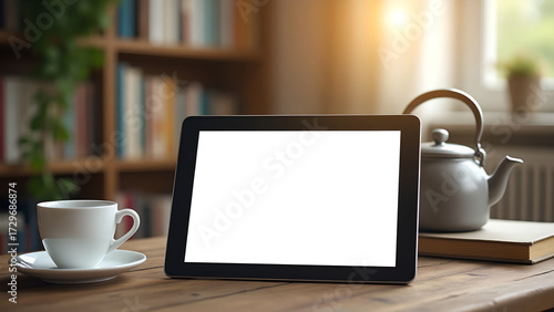 Digital tablet with blank white screen on rustic wooden table, next to teapot and teacups. Minimalist style, perfect for presenting app UI, website design or brand logo.