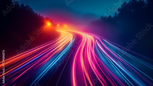 Vibrant light trails streak along a mountain highway at night creating an abstract colorful motion blur effect