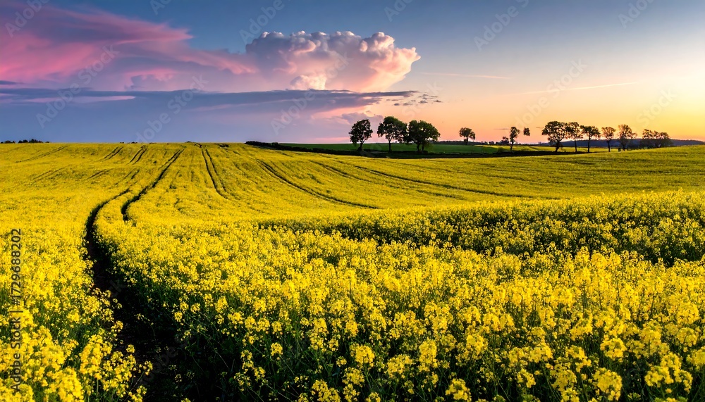 Obraz premium Vast field of rapeseed flowers at sunset