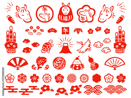 和風の午年のお正月の手描き風スタンプイラストセット