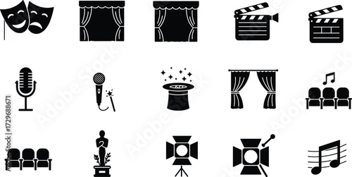 Theater, music, performance, icons, stage, microphone, clapperboard, spotlight, award, conductor, curtain, seats, vector, symbol, entertainment, white background