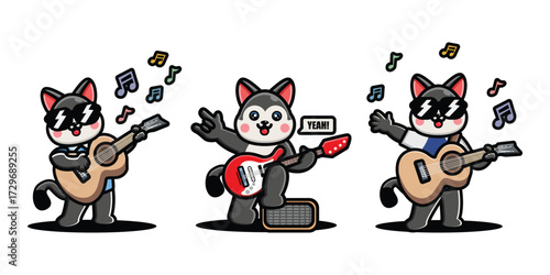 Cute husky cartoon playing guitar and electric guitar, music mascot vector illustration