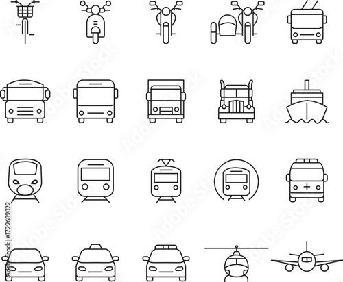Collection of hand drawn transportation icons featuring cars buses trains and airplanes in a simple sketch style