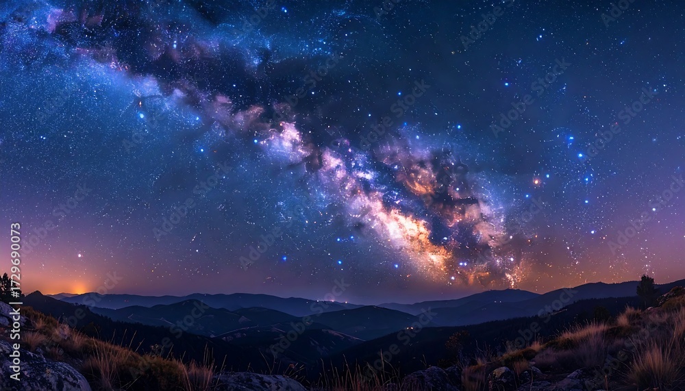 Naklejka premium Vast Milky Way over mountainous landscape