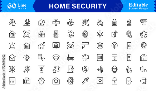 Modern Home Security Line Icon Collection with Clean Minimalist Style, Unique Vector Outline Icons Highlighting Surveillance, Alarms, Cameras, Access Control
