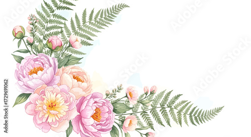 A delicate watercolor illustration of a crescent moon shape formed by soft pink peonies and lush green ferns.