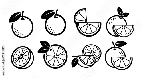 A collection of eight black and white line art icons representing oranges, including whole fruits, sliced fruits, and fruits with leaves.