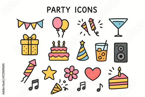 Colorful party icons including balloons, cake, and music notes  