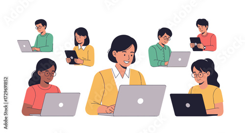 Flat vector illustration of students and professionals using laptops, online learning, remote education, teamwork, digital classroom, e learning, virtual meeting, online work, modern technology concep