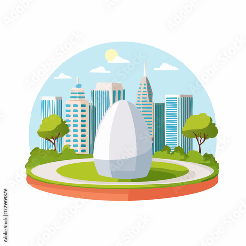 Abstract White Ovoid Shape in Urban Park with City Skyline Backdrop and Sunny Sky Background Illustration
