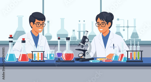 Flat vector illustration of scientists working in laboratory with microscope, chemical experiments, research, analysis, science education, innovation, biology, chemistry, and medical technology