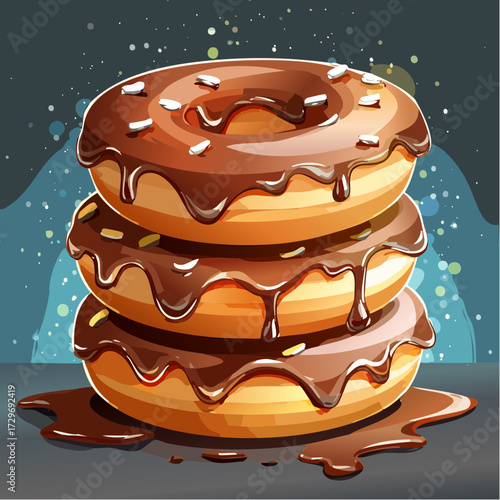 Stack of Three Chocolate Glazed Donuts with Sprinkles on a Gray Surface Against a Blue and Gray Splattered Background