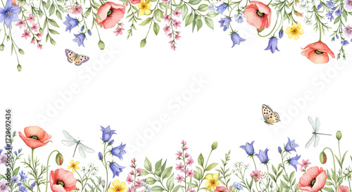 A beautiful watercolor illustration of a vibrant meadow filled with poppies, bluebells, and various wildflowers, with butterflies and dragonflies fluttering among them.