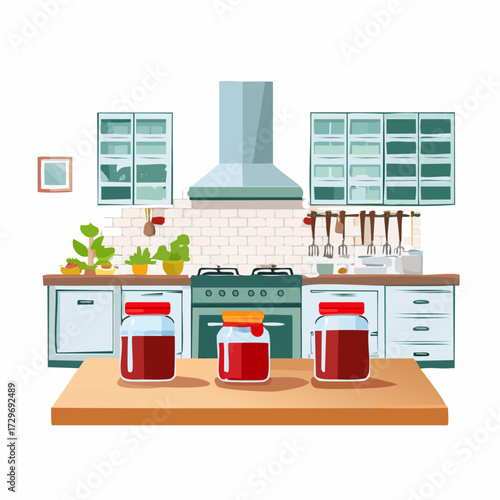 Three Glass Jars of Red Jam on Wood Table in a White Kitchen with Cabinets and an Oven in Bright Indoor Setting