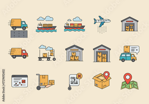 Dynamic logistics icons showcase efficient delivery services from trucks ships and planes to warehouses and package tracking for global commerce