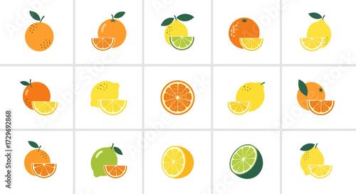 A collection of colorful flat design icons representing various citrus fruits like oranges, lemons, and limes, shown whole and sliced.
