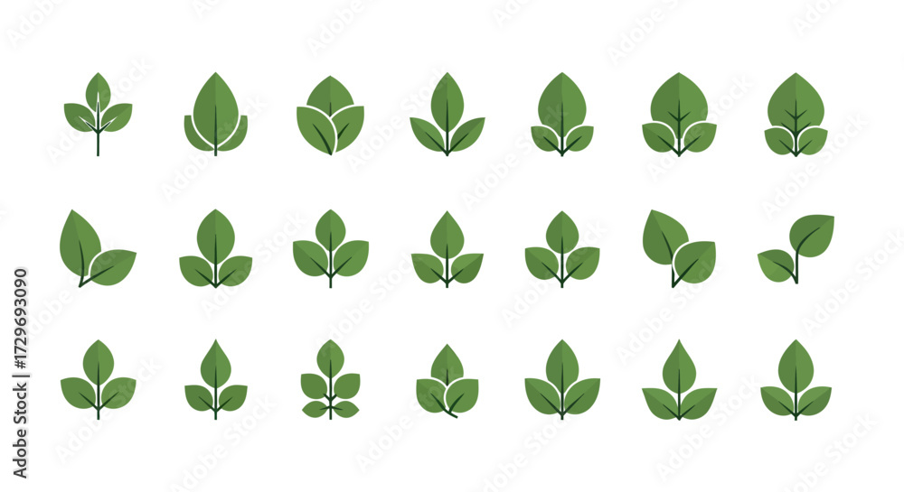 Fototapeta premium A collection of various green leaf icons, showcasing different shapes and arrangements of leaves.
