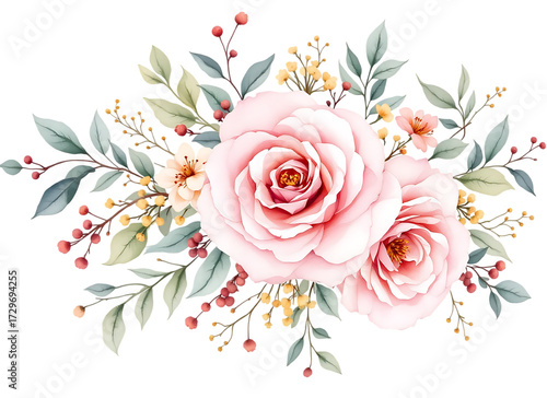Elegant watercolor floral arrangement featuring pink roses and delicate green leaves