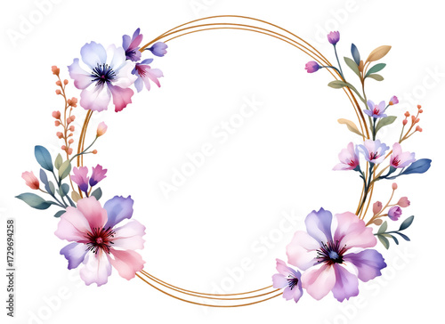 Elegant watercolor floral arrangement with gold frame Isolated on transparent background for design