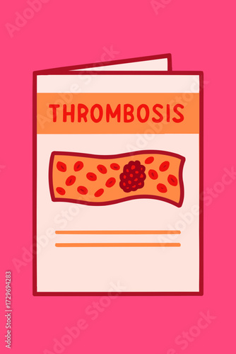 A flat vector illustration of a medical booklet cover about thrombosis, featuring a blood vessel and clot