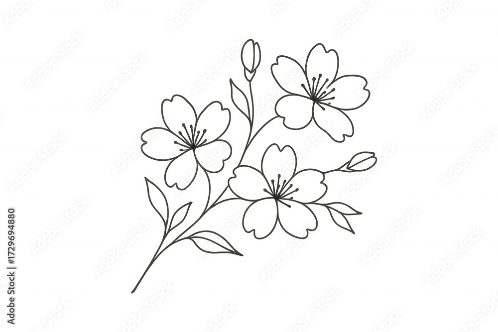 Naklejka premium Hand drawing cherry blossoms line art. Minimal flower sketch. Botanical outline drawing transparent background