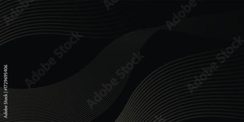Black abstract background design. Modern wavy line pattern in monochrome colors. Premium stripe texture for banner, business backdrop. Dark horizontal vector template