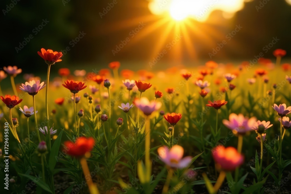 Naklejka premium Long shadows stretch across vibrant wildflowers bathed in golden hour sunlight , sunrise, field