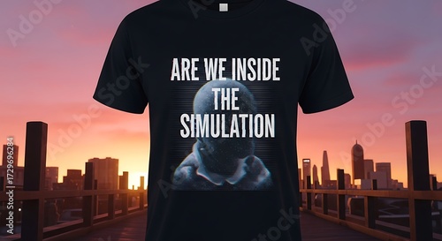 Black T-Shirt with Simulation Theory Question and Hooded Figure.