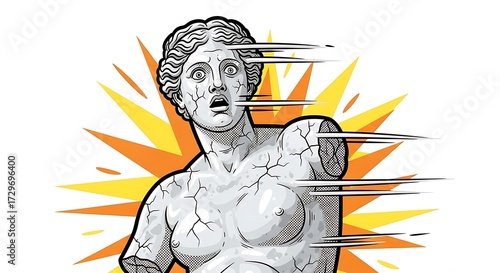 Shocked Venus de Milo Statue with Cracks and Motion Lines.