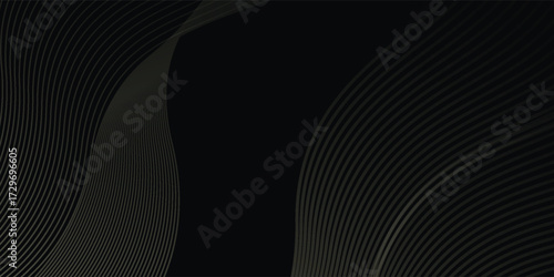 Black abstract background design. Modern wavy line pattern in monochrome colors. Premium stripe texture for banner, business backdrop. Dark horizontal vector template