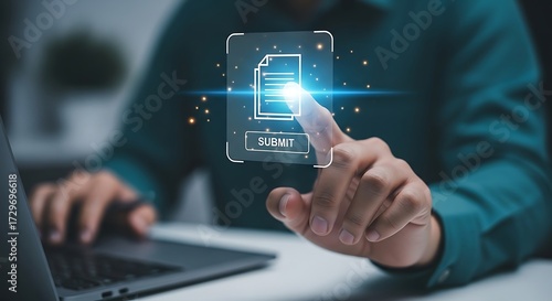 Finger pressing submit button on digital document submission interface form