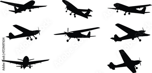 Airplane silhouette collection, propeller aircraft, small planes, vector aviation, pilot training, flight transport, air travel, light aircraft, aviation graphic set.