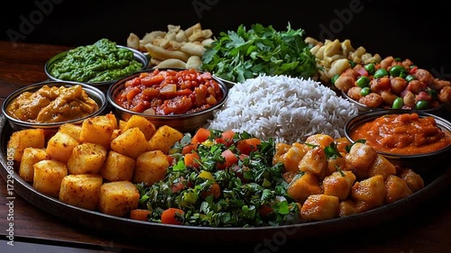 Abundant Vegan and Vegetarian Feast Platter with Basmati Rice Roasted Potatoes Lentil Curries and Fresh Greens
