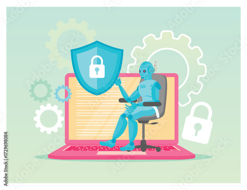 Industrial cybersecurity concept. Robotic Cyber security Expert Shielding Laptop From Threats.