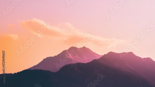 alpine. Panoramic alpine landscape at dusk with warm golden light on mountain peaks. travel magazines, destination branding, designed for outdoor magazines and nature guides.