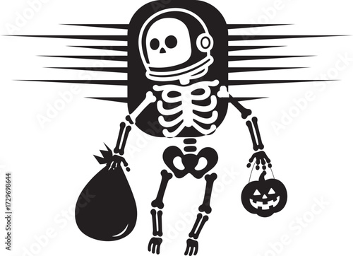 Skeleton Astronaut Silhouettes Vector Icon and T-Shirt: Spooky Black White Halloween Space Design.