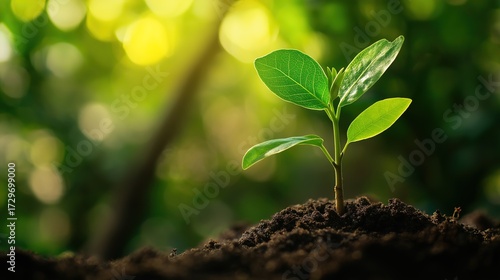 sapling. Young sapling emerging from rich soil, sunlight filtering through leaves in a detailed macro view. gardening catalogs, home-decor guides, designed for gardening and botanical catalogs.
