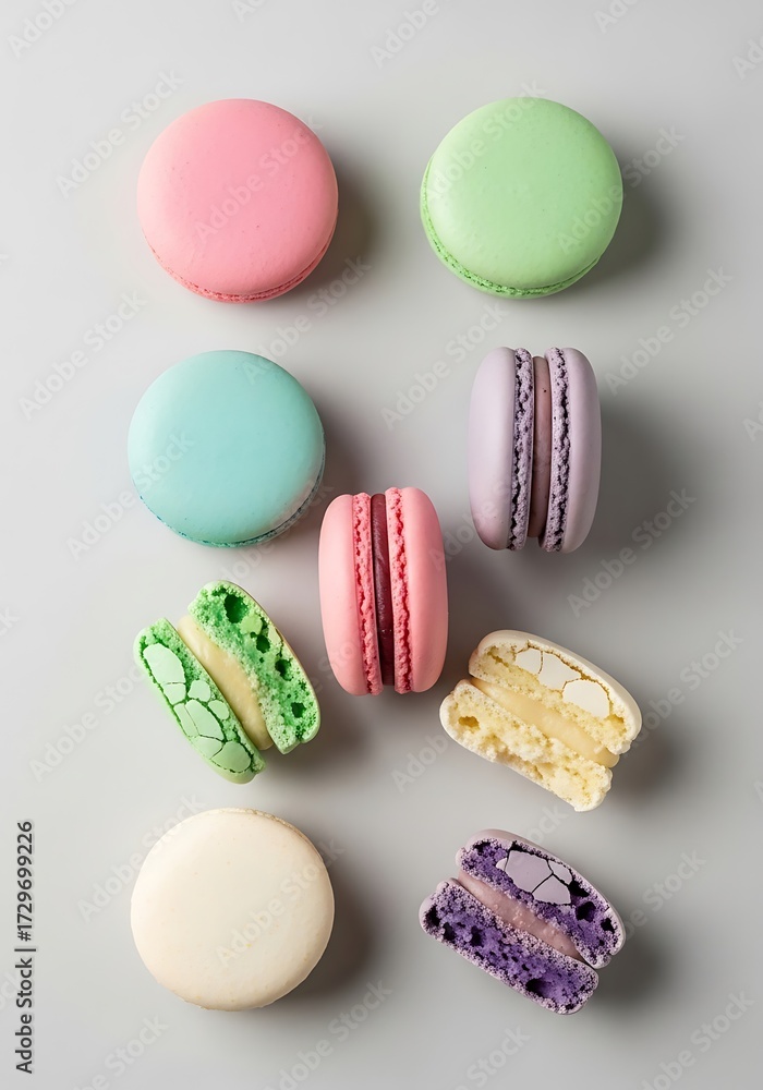 Fototapeta premium Pastel Macarons Delight: A Whimsical Array of Sweet Treats Arranged on a Clean Backdrop
