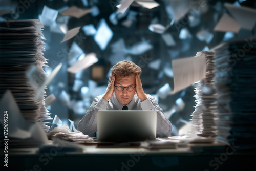 A stressed, overwhelmed businessman sits at a desk between towering piles of documents as paper flies around him. Symbolizes burnout, heavy workload, and administrative chaos.


