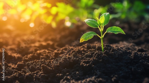 sapling. Young sapling emerging from rich soil, sunlight filtering through leaves in a detailed macro view. gardening catalogs, home-decor guides, designed for gardening and botanical catalogs.