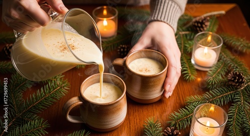 Cozy Christmas: pouring creamy eggnog into mugs, adorned with festive greenery and glowing candles, evokes a warm, inviting holiday spirit.