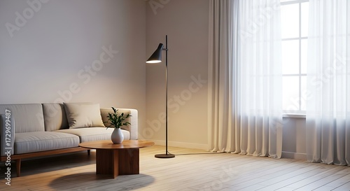 Serene interior scene featuring minimalist furniture and natural light from a large window enhanced by sheer curtains