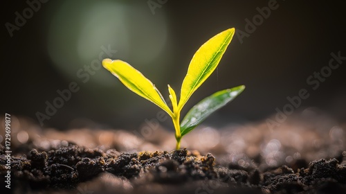 sapling. Young sapling emerging from rich soil, sunlight filtering through leaves in a detailed macro view. gardening catalogs, home-decor guides, designed for gardening and botanical catalogs.
