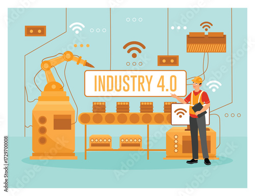 Industry 4.0 concept. Modern Factory Automation With Robotic Arm And Worker In Smart Manufacturing.