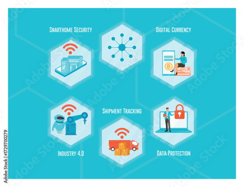  Industry 4.0 and Data Protection. Smart Home Security, Digital Currency, and Shipment Tracking Icons