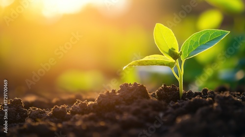 sapling. Young sapling emerging from rich soil, sunlight filtering through leaves in a detailed macro view. gardening catalogs, home-decor guides, designed for gardening and botanical catalogs.